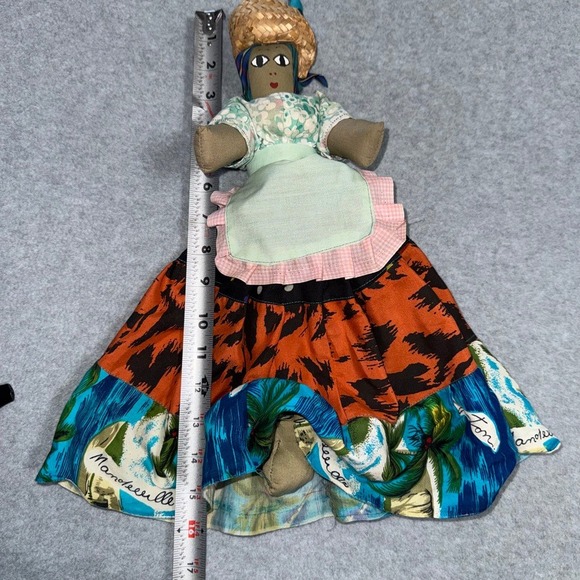 Handmade Folk Art Doll Tropical Print Patchwork Skirt Straw Hat - Picture 4 of 11